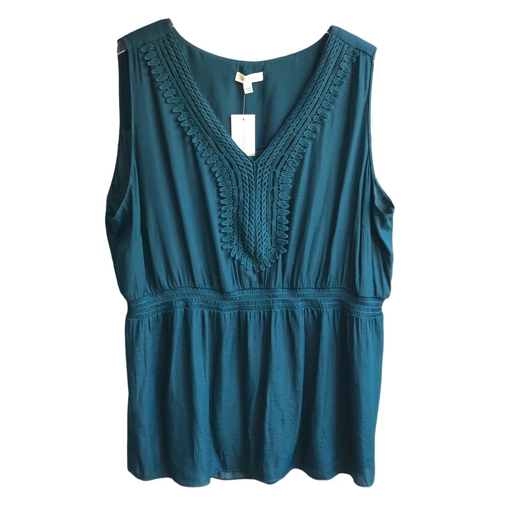 Loralette Embroidered Insert Sleeveless Top Size 3X NWT Teal Blue Boho Tank